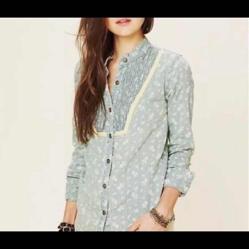 Free People Chambray Floral Button Up Shirt